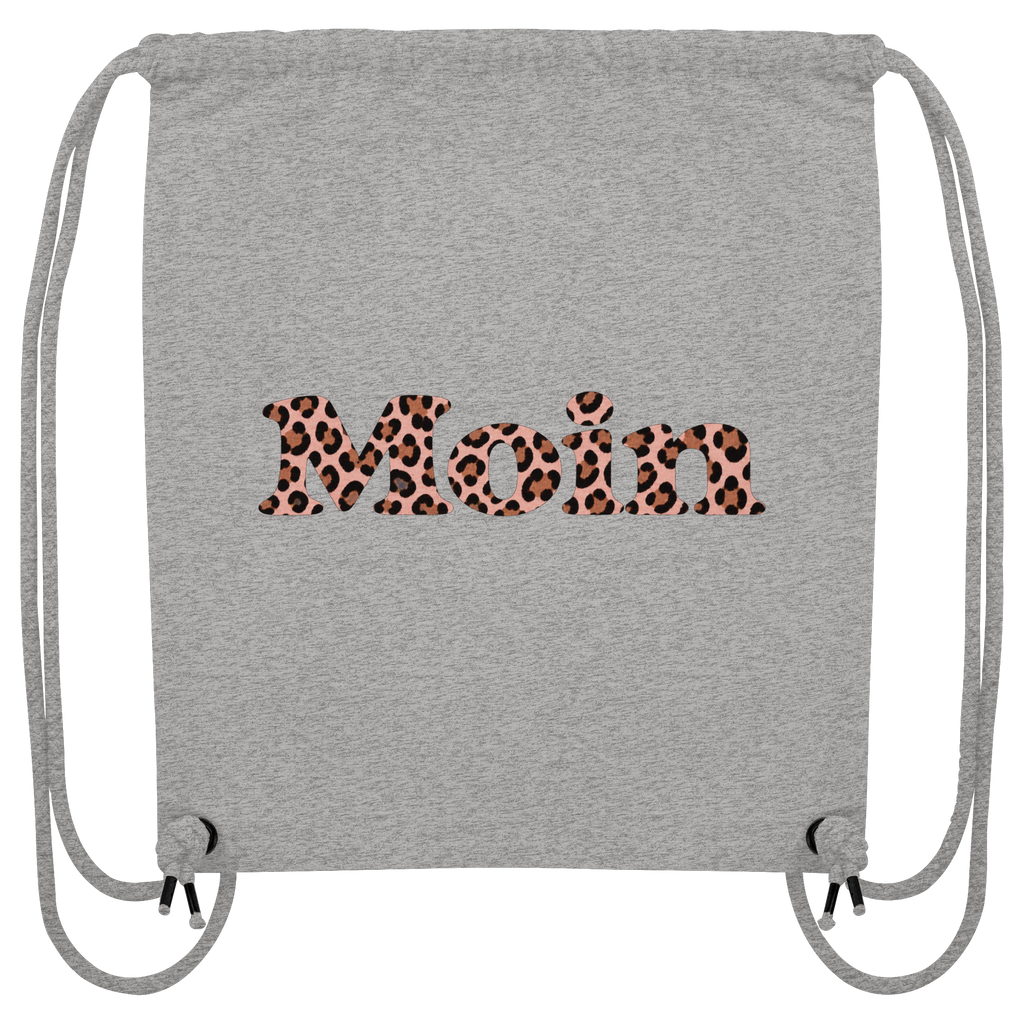 Gym-Bag Heather Grey, bedruckte Seite mit Moin Leo Blush Pink und Kordelzug.