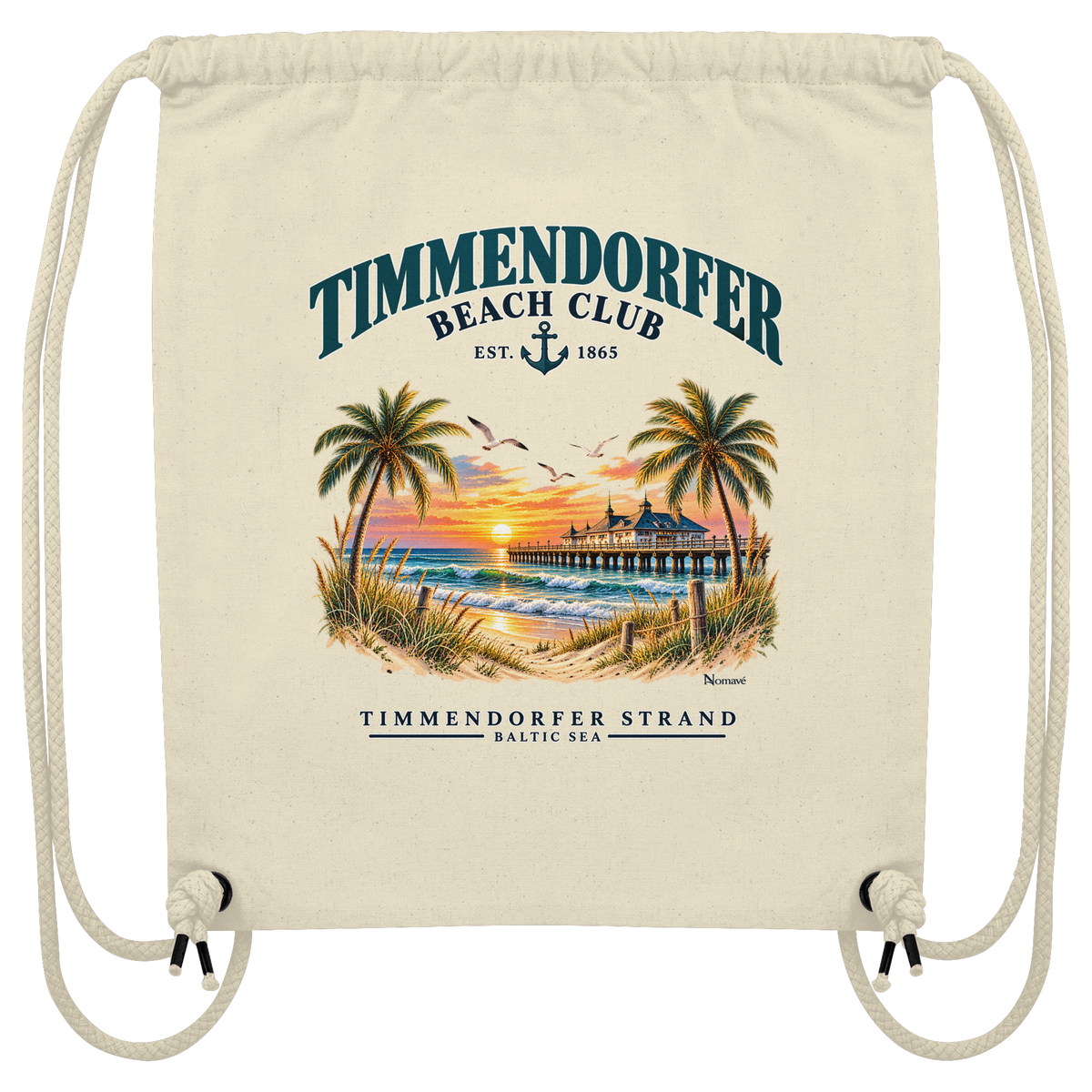 Originalmockup: Canvas-Turnbeutel in Natural mit Timmendorfer-Beach-Club-Außenmotiv, Motivansicht.