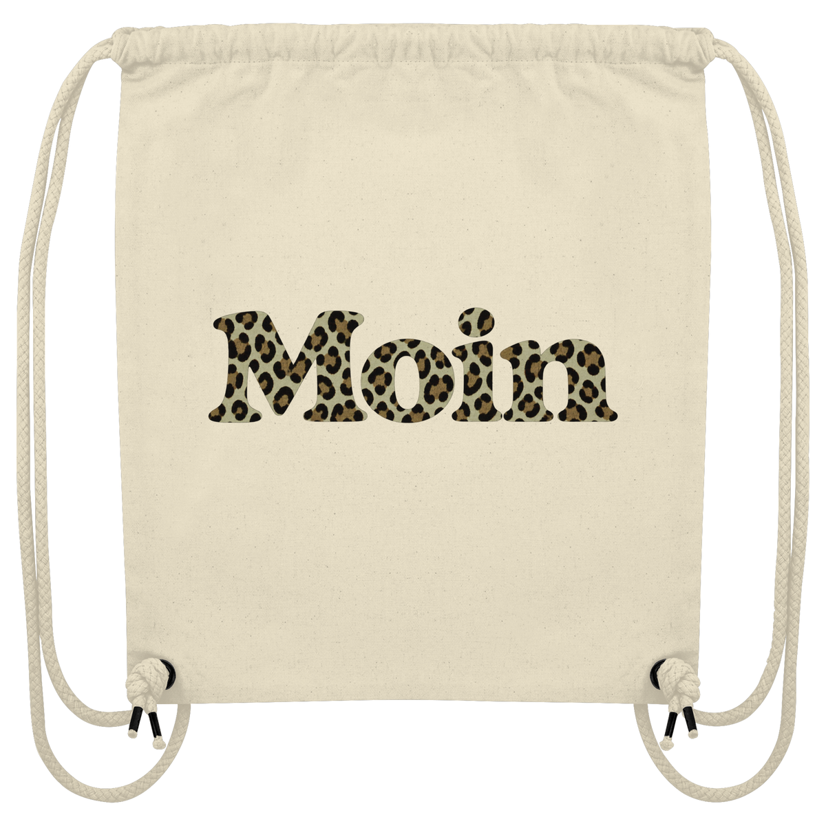 Gym-Bag in Natural mit Moin-Leoprint in Sage Green auf der Außenseite, Original-Mockup.