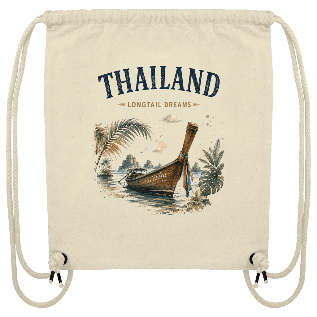 Naturfarbener Organic Gym Bag mit Thailand Longtail Dreams Motiv