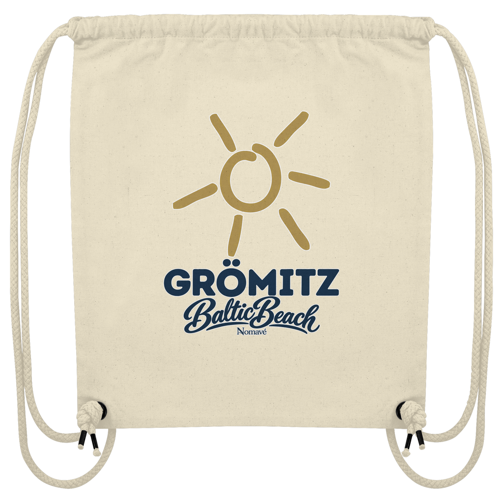 Gym-Bag aus Recycling-Canvas Grömitz Sonne Baltic Beach in Natural – Frontdruck mit goldener Sonne, Shirtigo-Originalmockup 1