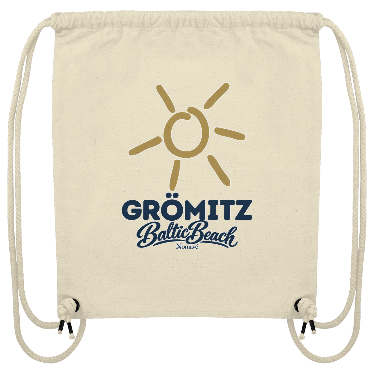 Gym-Bag aus Recycling-Canvas Grömitz Sonne Baltic Beach in Natural – Frontdruck mit goldener Sonne, Shirtigo-Originalmockup 1
