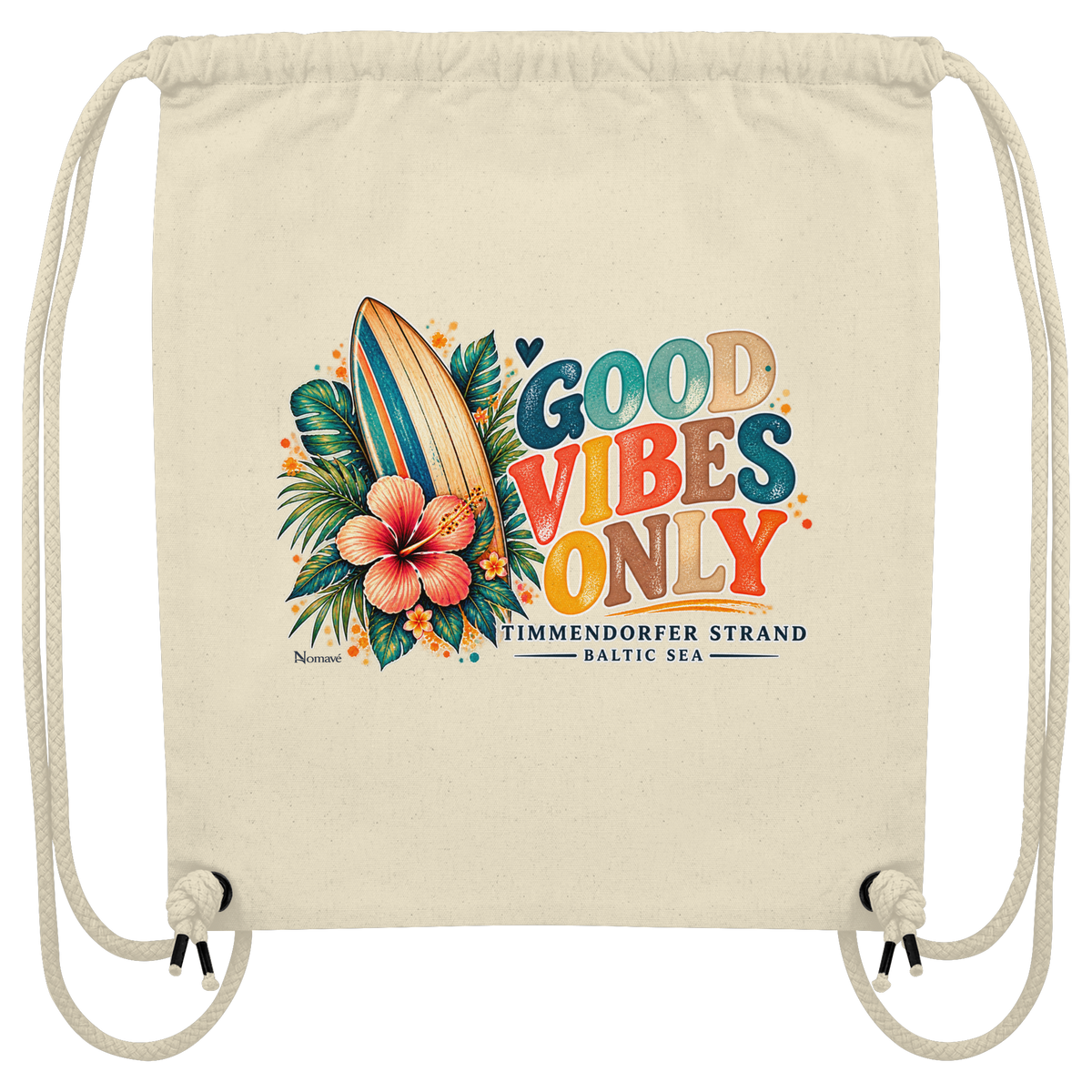 Timmendorfer Strand – Surf Vibes – Gym-Bag in Natural mit Surfboard- und Hibiskusmotiv – Shirtigo-Katalogansicht.