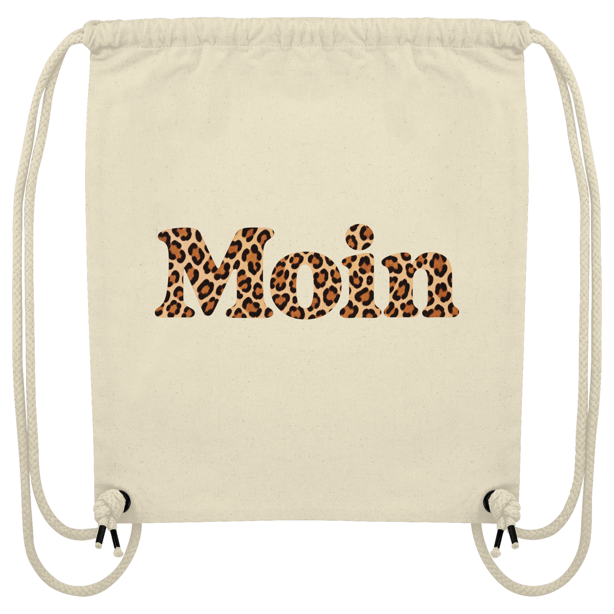 Original-Shirtigo-Mockup: Gym-Bag aus recyceltem Canvas in Natural mit „Moin“ im Karamell-Leoprint auf der Vorderseite
