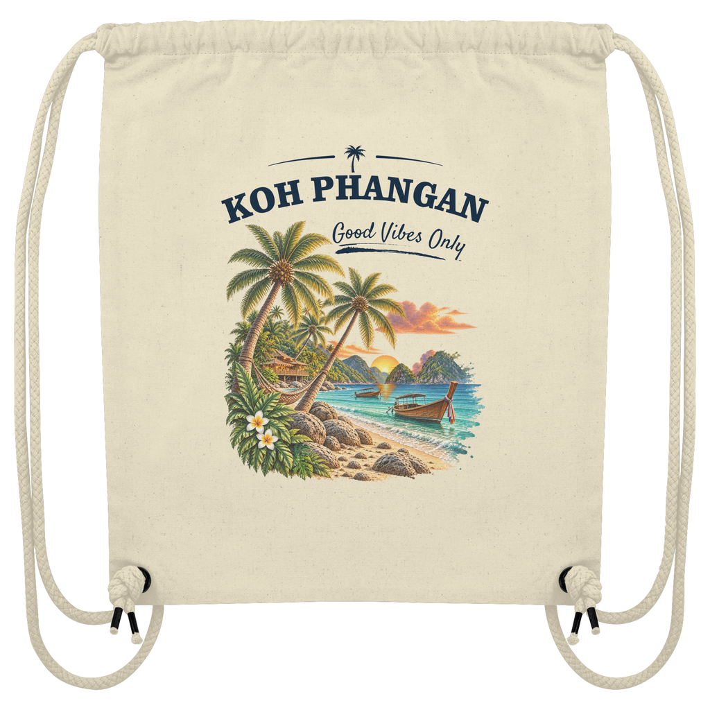 Koh Phangan Good Vibes Only – Bio Rucksack – Original-Mockup organic gym bag natural mit Motivdruck