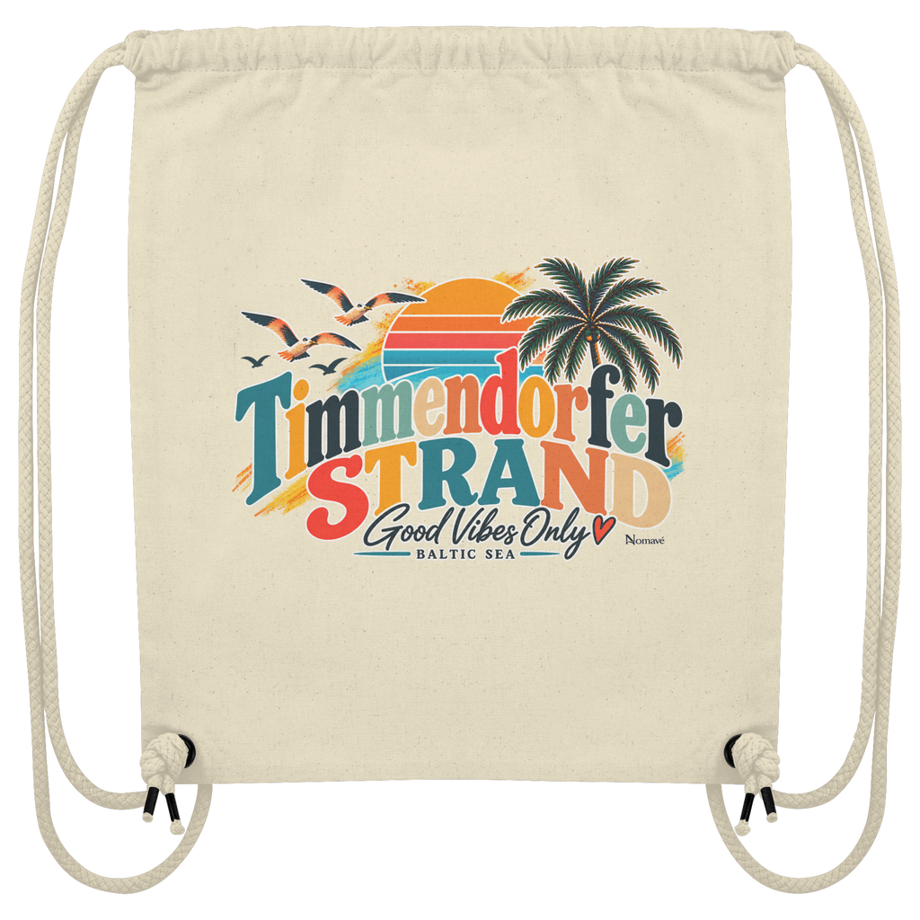 Gym-Bag / Turnbeutel in Natural mit Timmendorfer-Strand-Good-Vibes-Only-Außenmotiv, originales Shirtigo-Mockup.