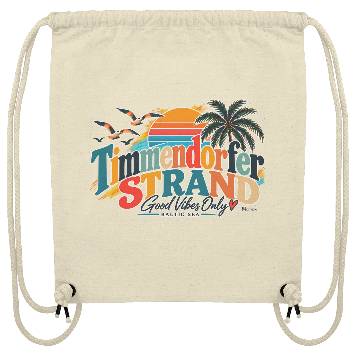 Gym-Bag / Turnbeutel in Natural mit Timmendorfer-Strand-Good-Vibes-Only-Außenmotiv, originales Shirtigo-Mockup.