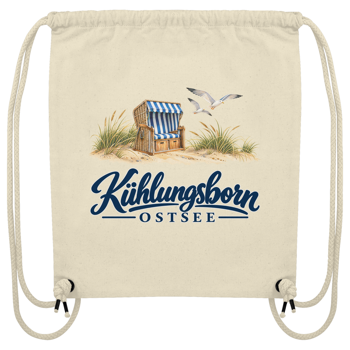 Recycling-Sportbeutel Kühlungsborn – Strandkorb & Ostsee, Natural, Shirtigo-Originalmockup der bedruckten Vorderseite.