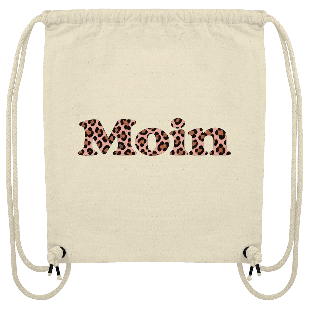 Gym-Bag Natural, bedruckte Seite mit Moin Leo Blush Pink und verstärkten unteren Ecken.