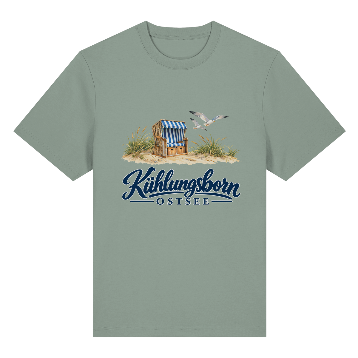 Bio-Heavy-T-Shirt Kühlungsborn – Strandkorb & Ostsee in Aloe, Shirtigo-Originalmockup der Vorderseite mit Strandkorbmotiv.