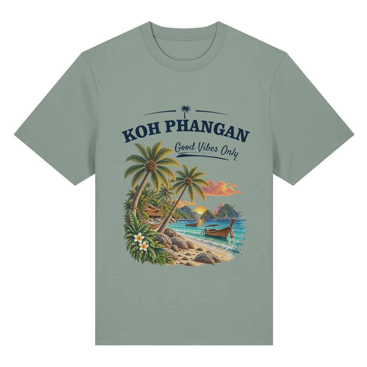 Koh Phangan Good Vibes Only – Bio Heavy T-Shirt – Original-Mockup organic heavy shirt aloe mit Frontprint