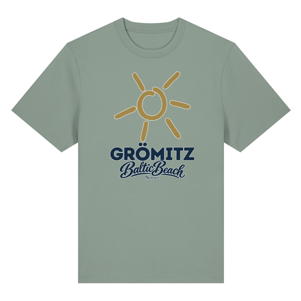 Bio-Heavy T-Shirt Grömitz Sonne Baltic Beach in Aloe – Frontdruck mit goldener Sonne, Shirtigo-Originalmockup 3