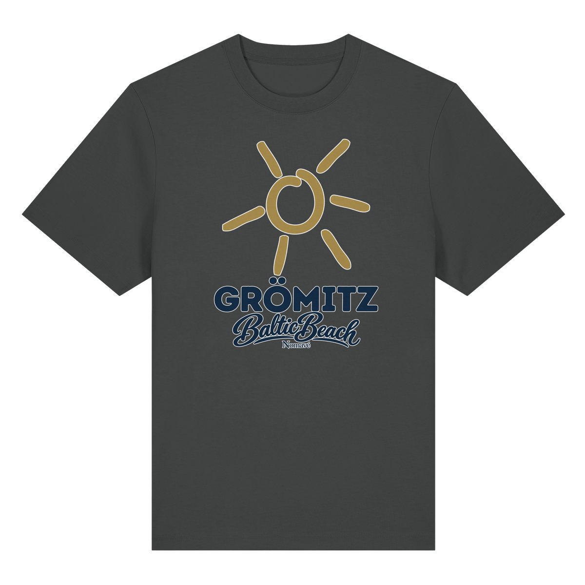 Bio-Heavy T-Shirt Grömitz Sonne Baltic Beach in Anthracite – Frontdruck mit goldener Sonne, Shirtigo-Originalmockup 5