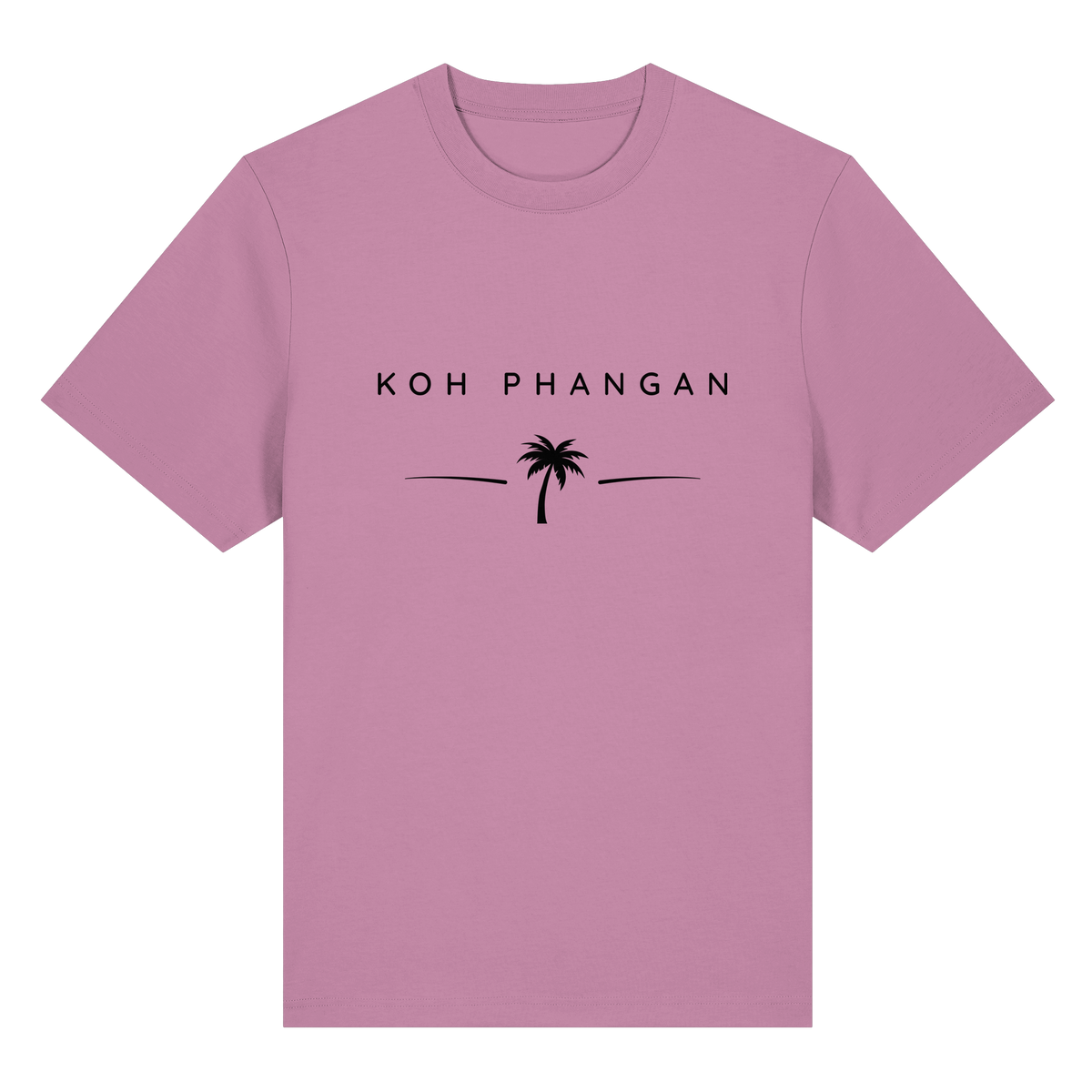Frontansicht des Bio Heavy T-Shirt in Bubble Pink mit Koh Phangan Minimal Palm Frontprint