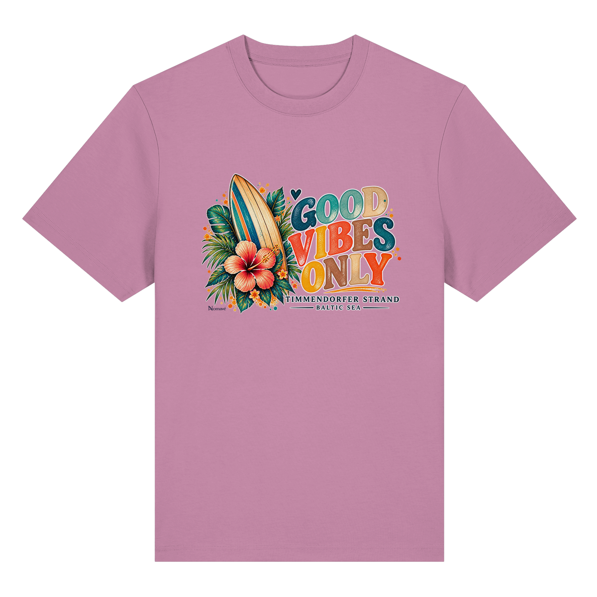 Timmendorfer Strand – Surf Vibes – Bio-Heavy-T-Shirt mit Frontprint – Bubble Pink; originales Katalogmockup der Vorderansicht mit Frontprint.