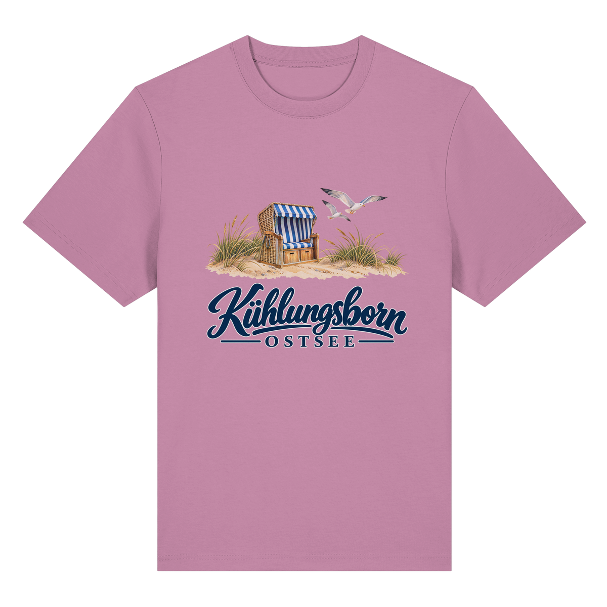 Bio-Heavy-T-Shirt Kühlungsborn – Strandkorb & Ostsee in Bubble Pink, Shirtigo-Originalmockup der Vorderseite mit Strandkorbmotiv.