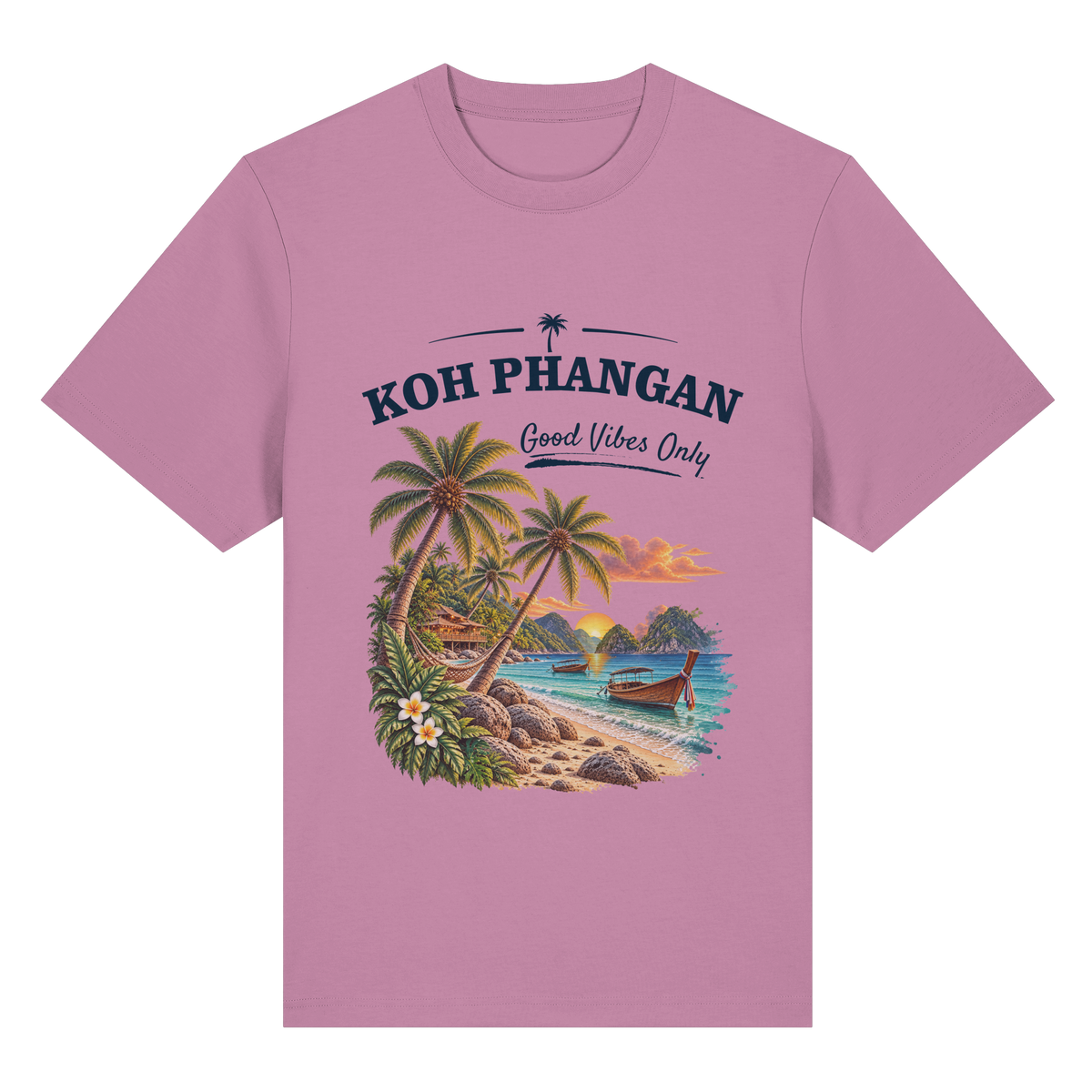 Koh Phangan Good Vibes Only – Bio Heavy T-Shirt – Original-Mockup organic heavy shirt bubble pink mit Frontprint