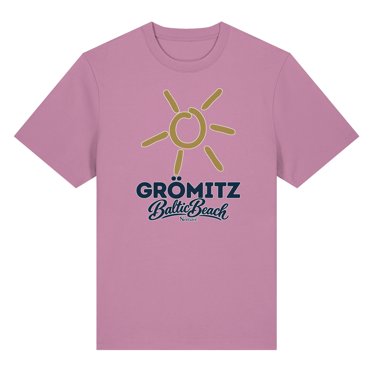 Bio-Heavy T-Shirt Grömitz Sonne Baltic Beach in Bubble Pink – Frontdruck mit goldener Sonne, Shirtigo-Originalmockup 10