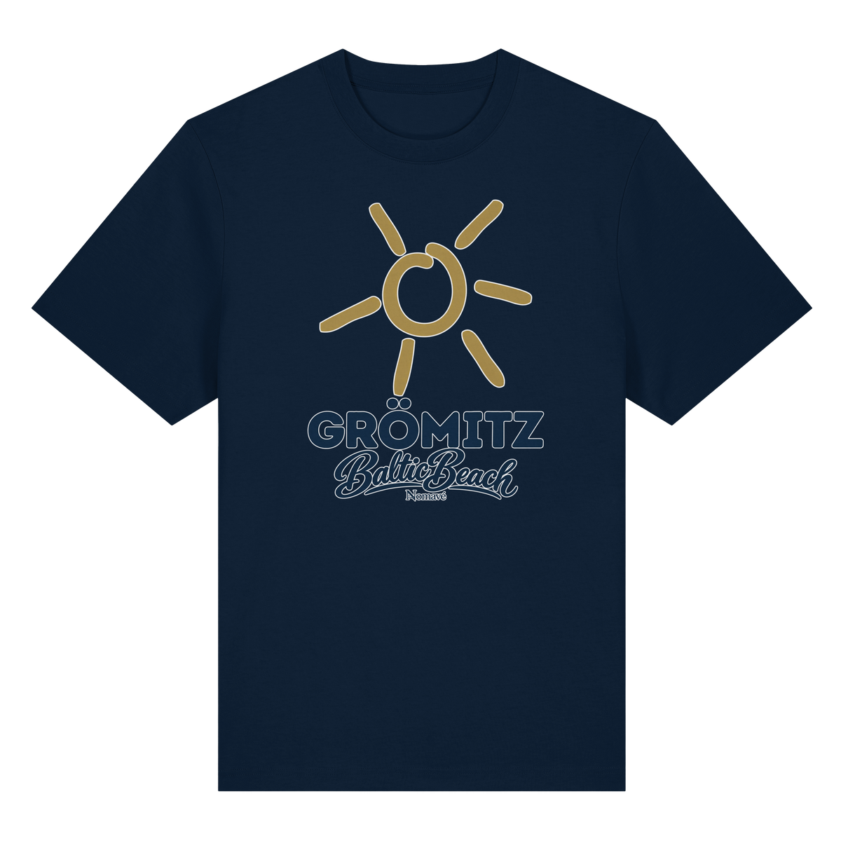 Bio-Heavy T-Shirt Grömitz Sonne Baltic Beach in French Navy – Frontdruck mit goldener Sonne, Shirtigo-Originalmockup 8