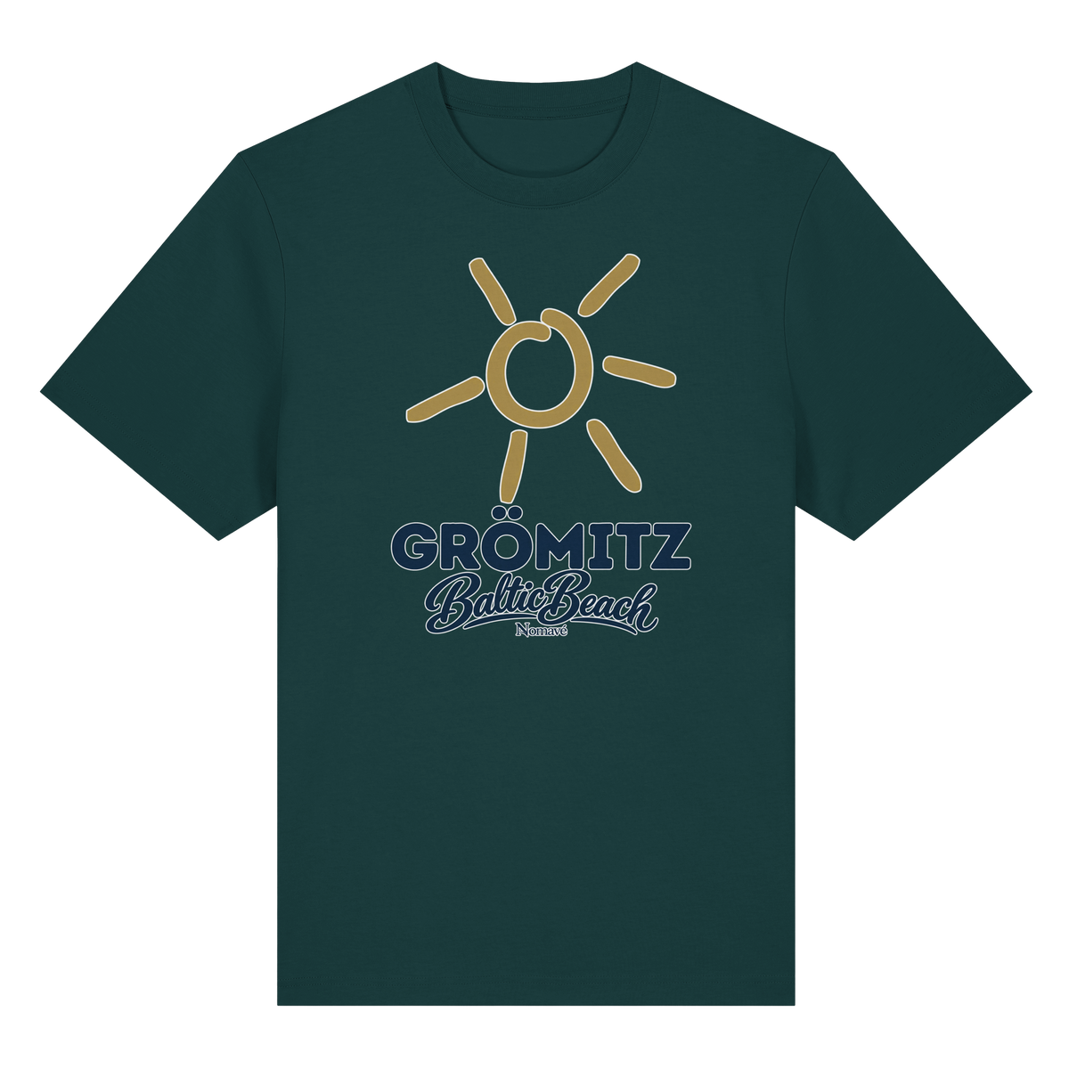 Bio-Heavy T-Shirt Grömitz Sonne Baltic Beach in Glazed Green – Frontdruck mit goldener Sonne, Shirtigo-Originalmockup 6