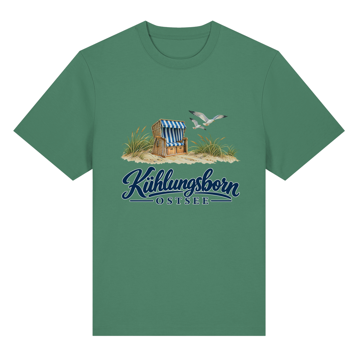 Bio-Heavy-T-Shirt Kühlungsborn – Strandkorb & Ostsee in Green Bay, Shirtigo-Originalmockup der Vorderseite mit Strandkorbmotiv.