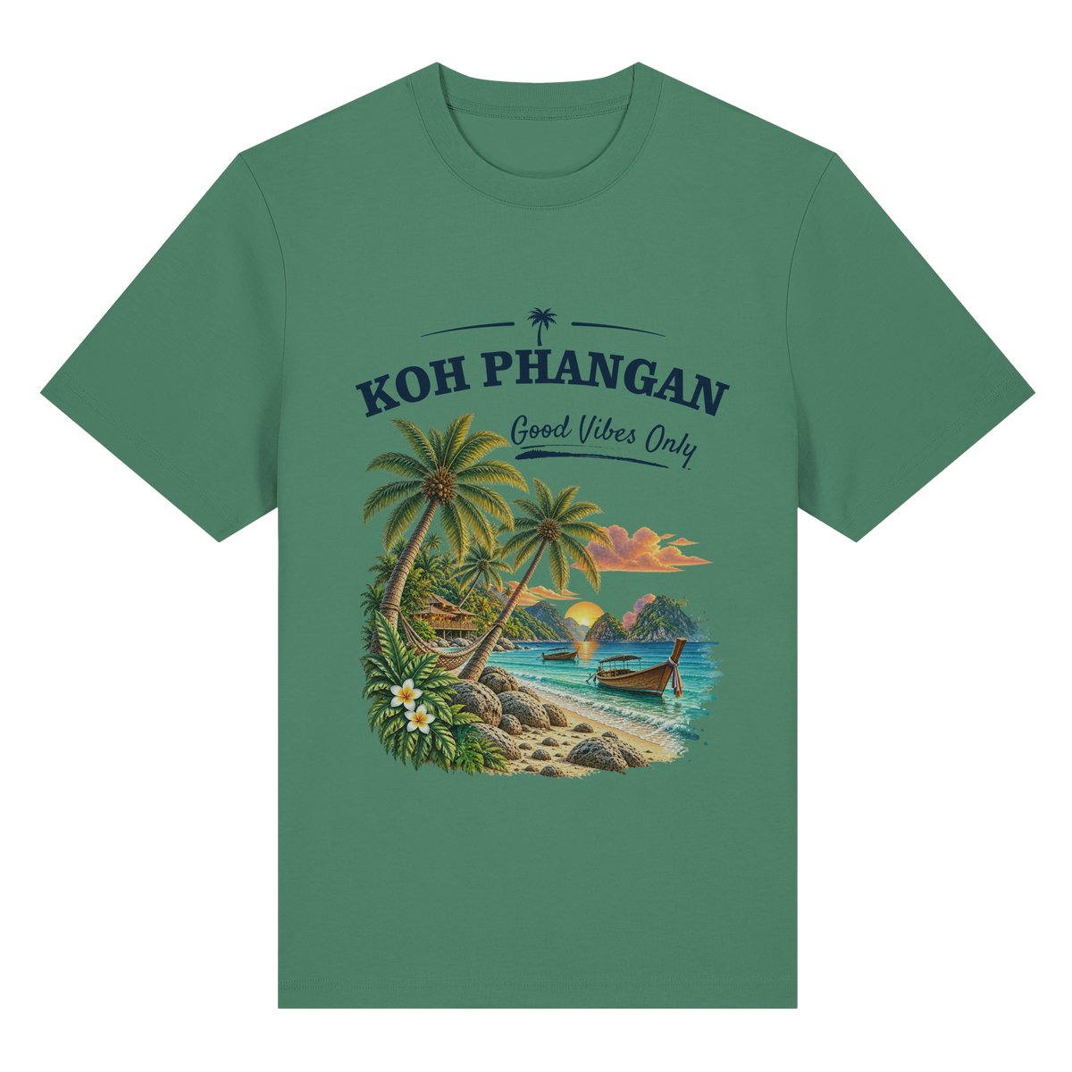 Koh Phangan Good Vibes Only – Bio Heavy T-Shirt – Original-Mockup organic heavy shirt green bay mit Frontprint