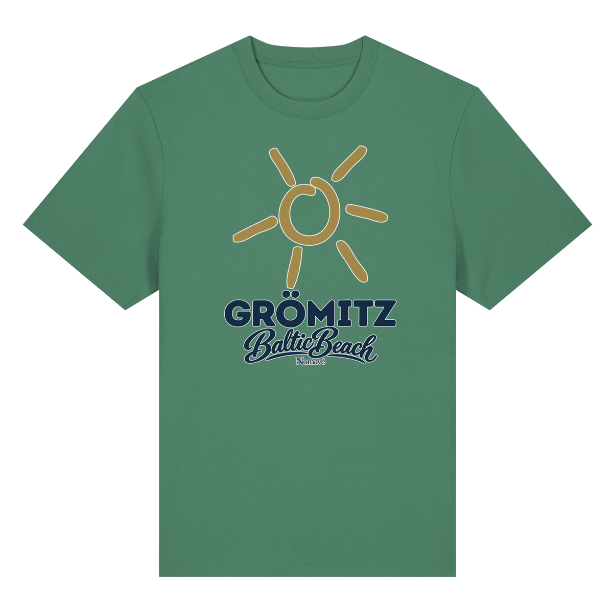 Bio-Heavy T-Shirt Grömitz Sonne Baltic Beach in Green Bay – Frontdruck mit goldener Sonne, Shirtigo-Originalmockup 9