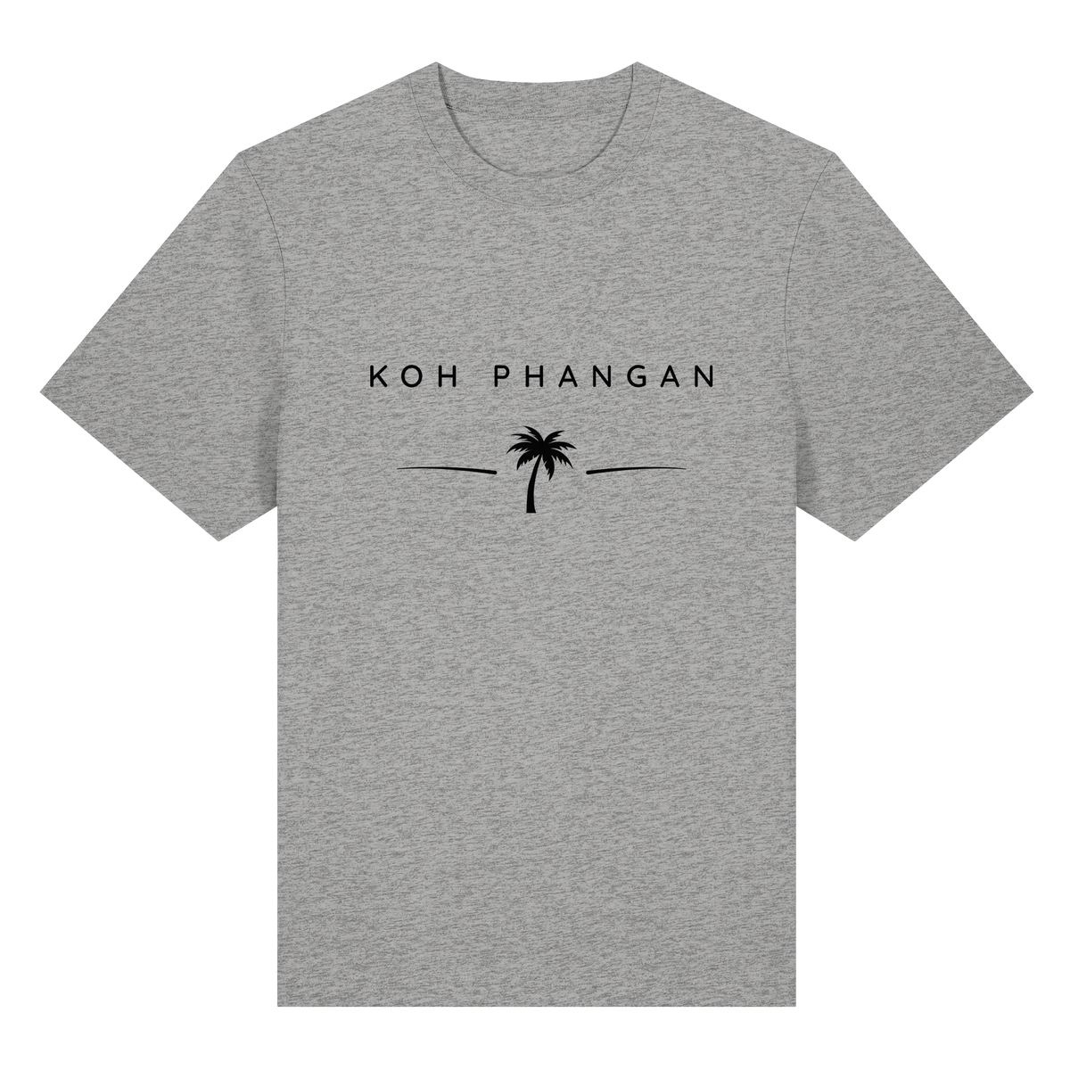 Frontansicht des Bio Heavy T-Shirt in Heather Grey mit Koh Phangan Minimal Palm Frontprint