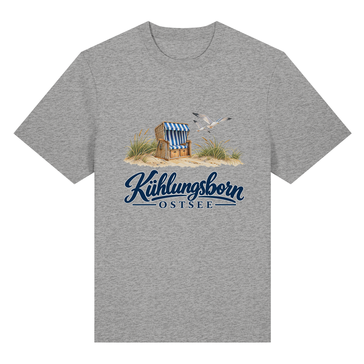 Bio-Heavy-T-Shirt Kühlungsborn – Strandkorb & Ostsee in Heather Grey, Shirtigo-Originalmockup der Vorderseite mit Strandkorbmotiv.