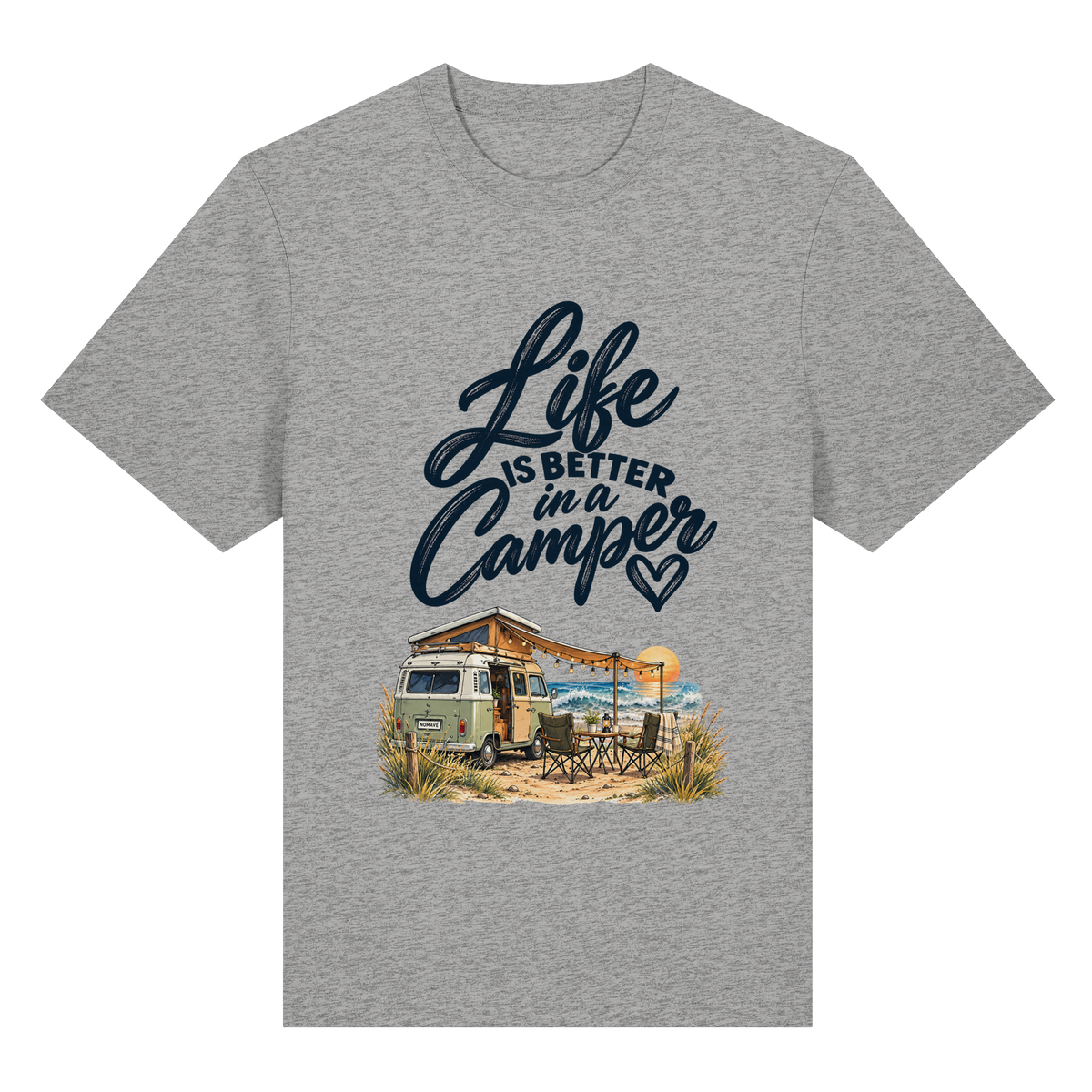 Bio-Heavy Shirt mit „Life is better in a Camper“-Motiv – Vorderansicht in Heather Grey für Vanlife- und Campingfans