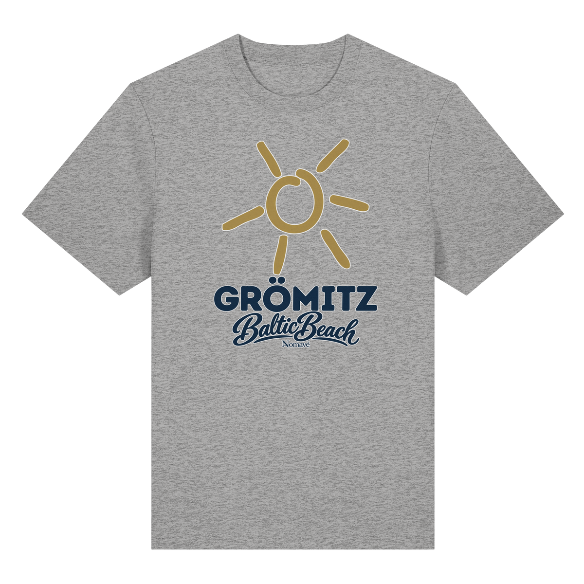 Bio-Heavy T-Shirt Grömitz Sonne Baltic Beach in Heather Grey – Frontdruck mit goldener Sonne, Shirtigo-Originalmockup 2