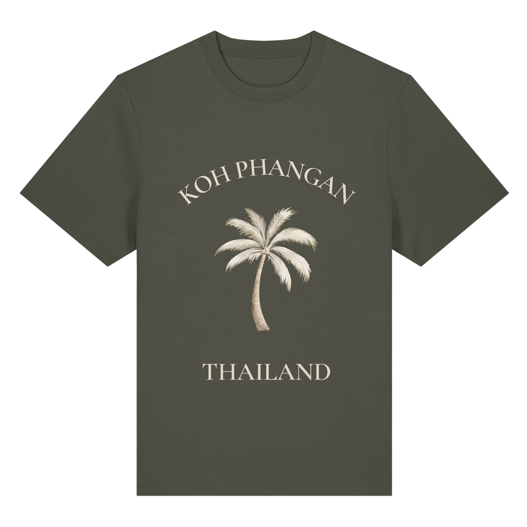 Original-Shirtigo-Mockup: Unisex Bio Heavy T-Shirt in khaki mit Koh Phangan Mini Palm Frontprint