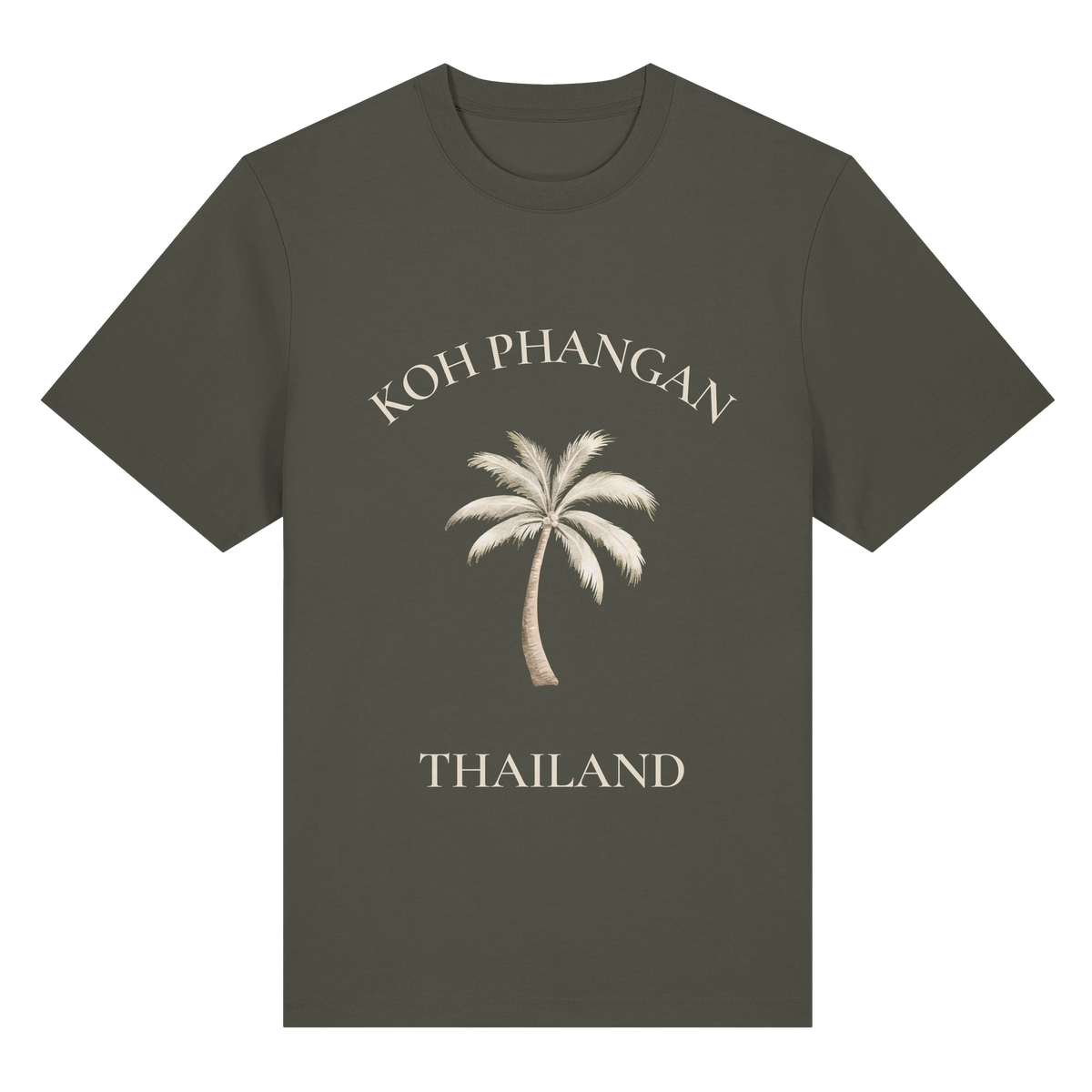 Original-Shirtigo-Mockup: Unisex Bio Heavy T-Shirt in khaki mit Koh Phangan Mini Palm Frontprint