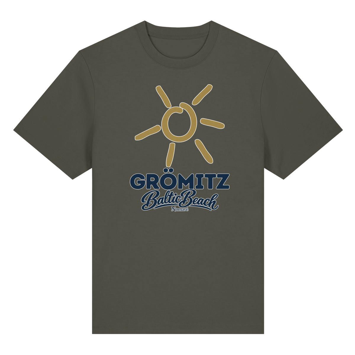 Bio-Heavy T-Shirt Grömitz Sonne Baltic Beach in Khaki – Frontdruck mit goldener Sonne, Shirtigo-Originalmockup 4