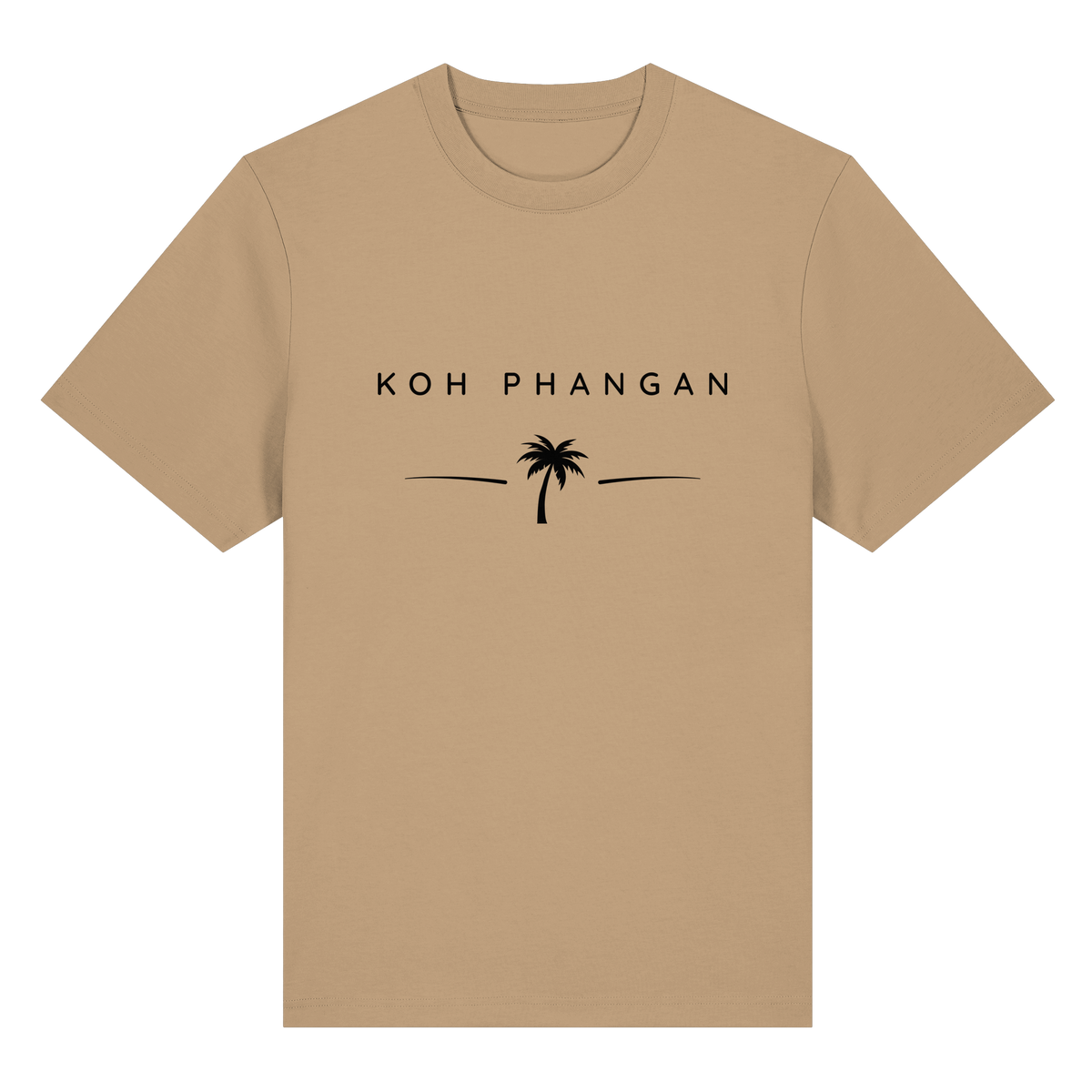 Frontansicht des Bio Heavy T-Shirt in Latte mit Koh Phangan Minimal Palm Frontprint