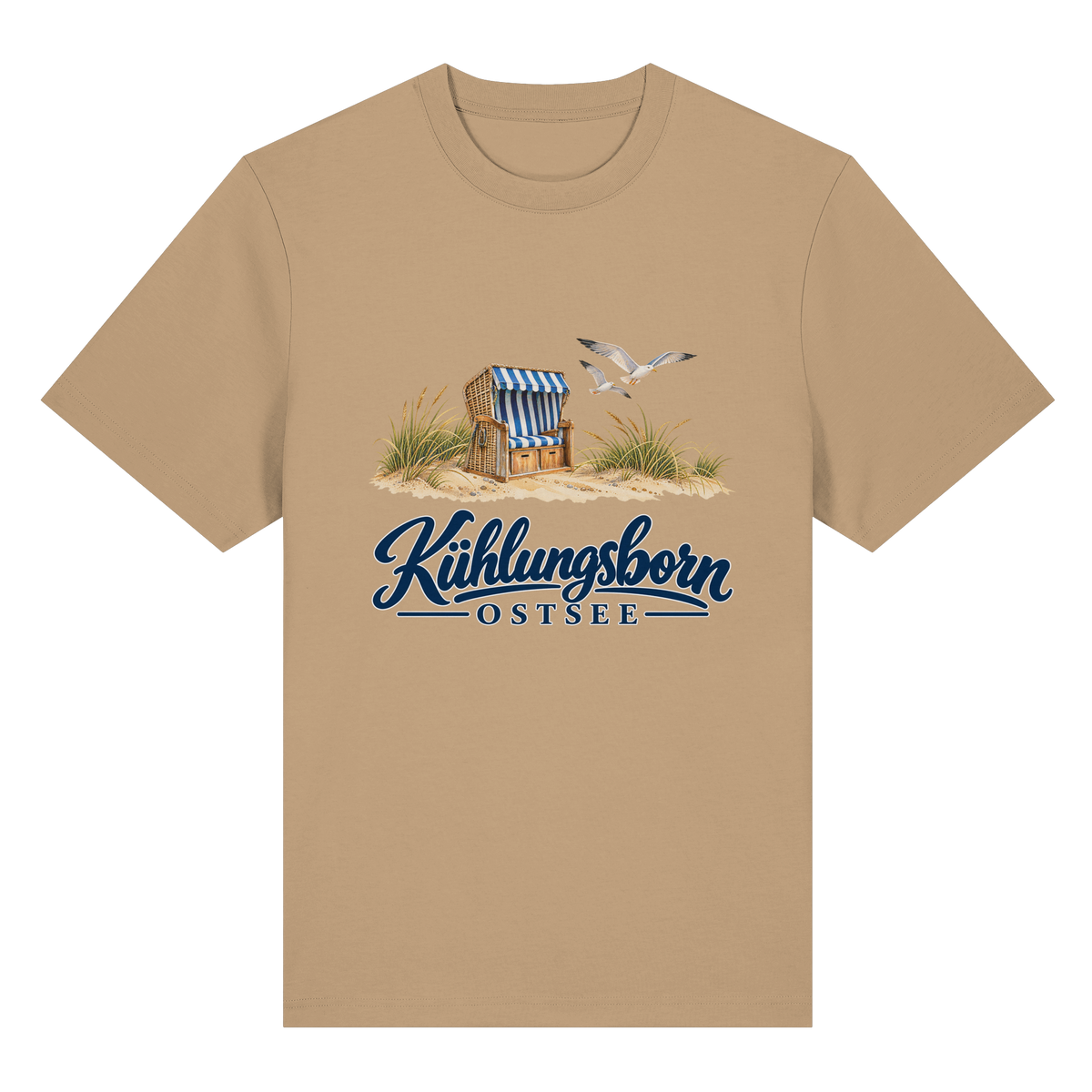 Bio-Heavy-T-Shirt Kühlungsborn – Strandkorb & Ostsee in Latte, Shirtigo-Originalmockup der Vorderseite mit Strandkorbmotiv.