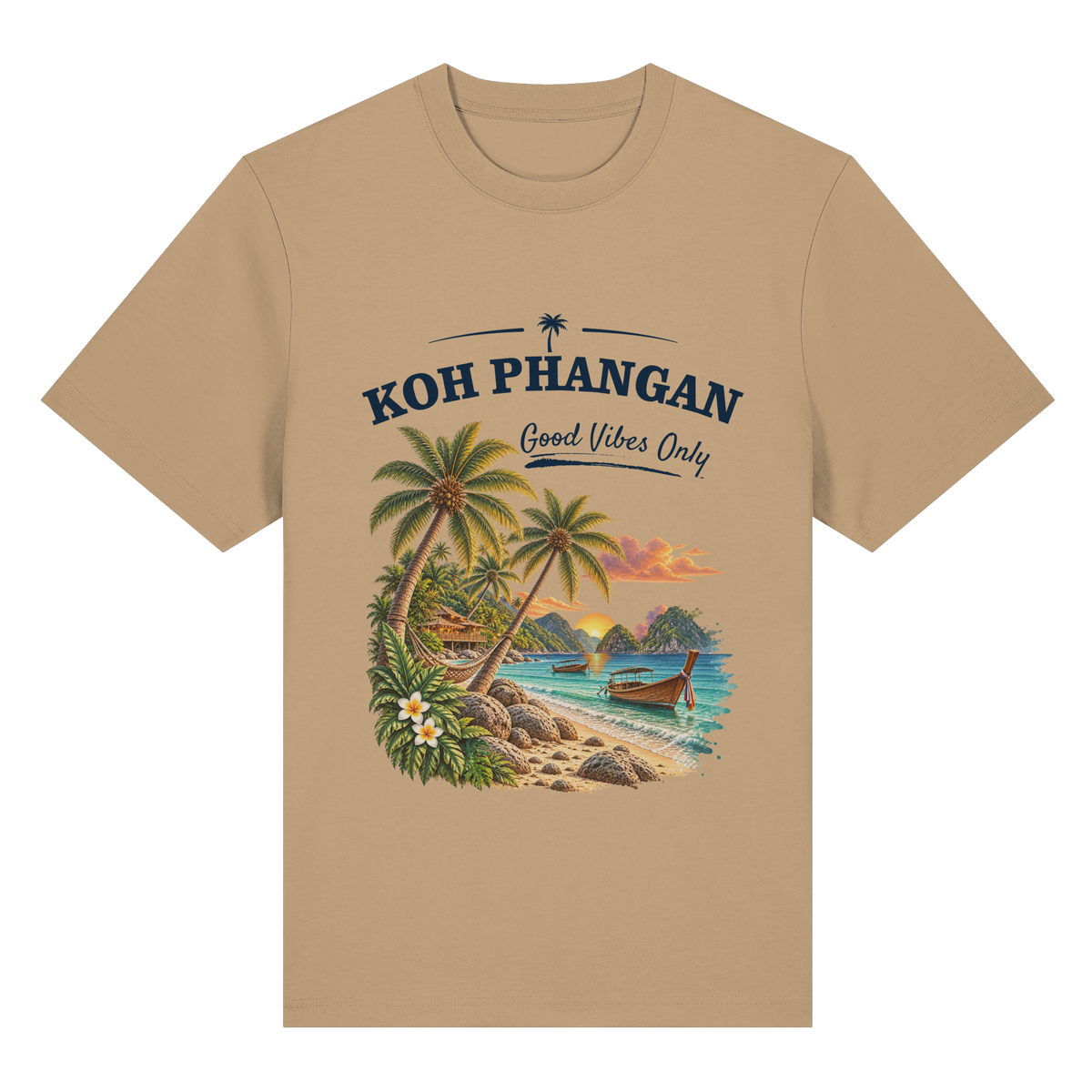 Koh Phangan Good Vibes Only – Bio Heavy T-Shirt – Original-Mockup organic heavy shirt latte mit Frontprint