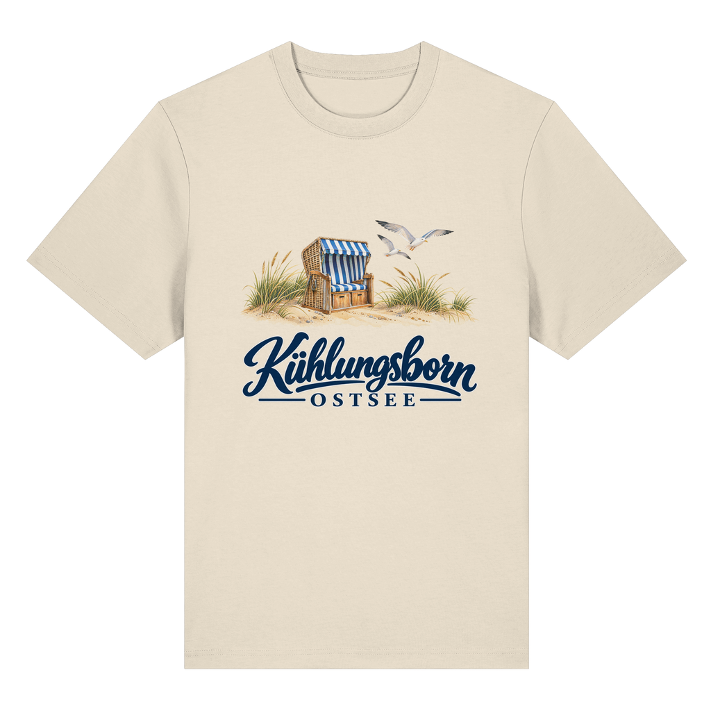 Bio-Heavy-T-Shirt Kühlungsborn – Strandkorb & Ostsee in Natural Raw, Shirtigo-Originalmockup der Vorderseite mit Strandkorbmotiv.