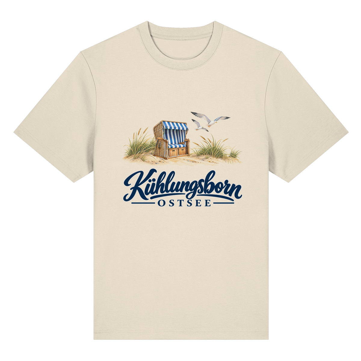 Bio-Heavy-T-Shirt Kühlungsborn – Strandkorb & Ostsee in Natural Raw, Shirtigo-Originalmockup der Vorderseite mit Strandkorbmotiv.