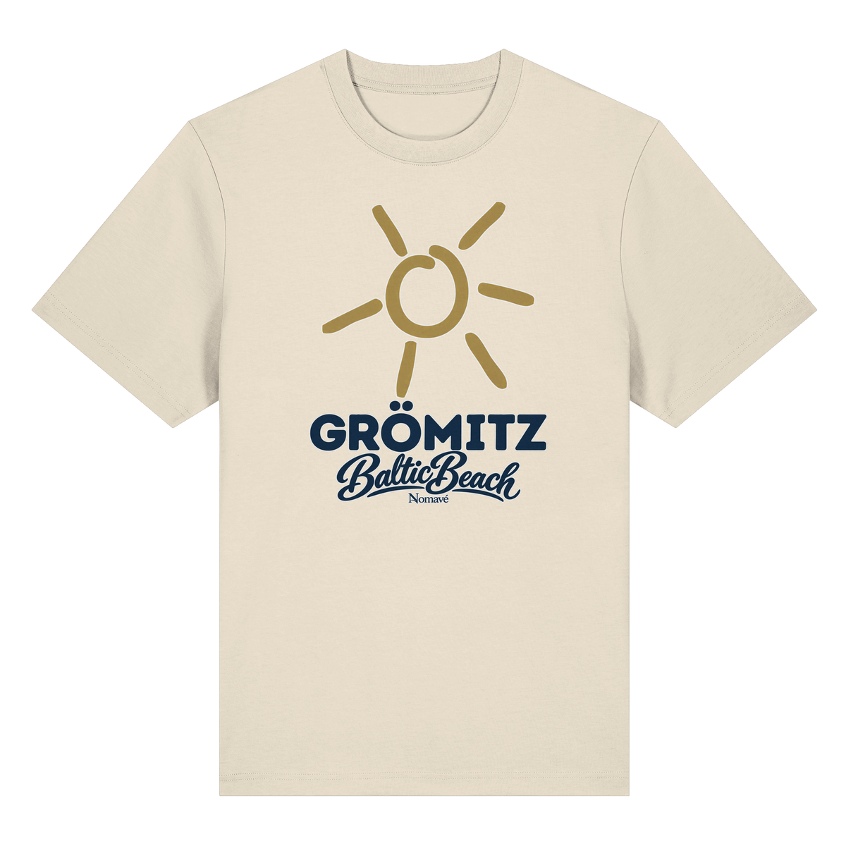 Bio-Heavy T-Shirt Grömitz Sonne Baltic Beach in Natural Raw – Frontdruck mit goldener Sonne, Shirtigo-Originalmockup 1