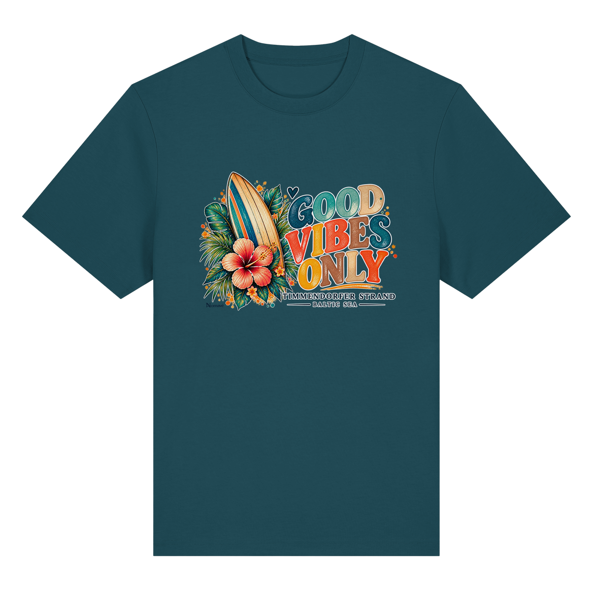 Timmendorfer Strand – Surf Vibes – Bio-Heavy-T-Shirt mit Frontprint – Stargazer; originales Katalogmockup der Vorderansicht mit Frontprint.