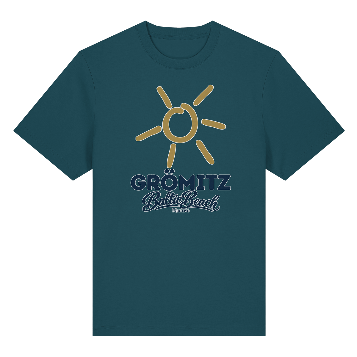 Bio-Heavy T-Shirt Grömitz Sonne Baltic Beach in Stargazer – Frontdruck mit goldener Sonne, Shirtigo-Originalmockup 7