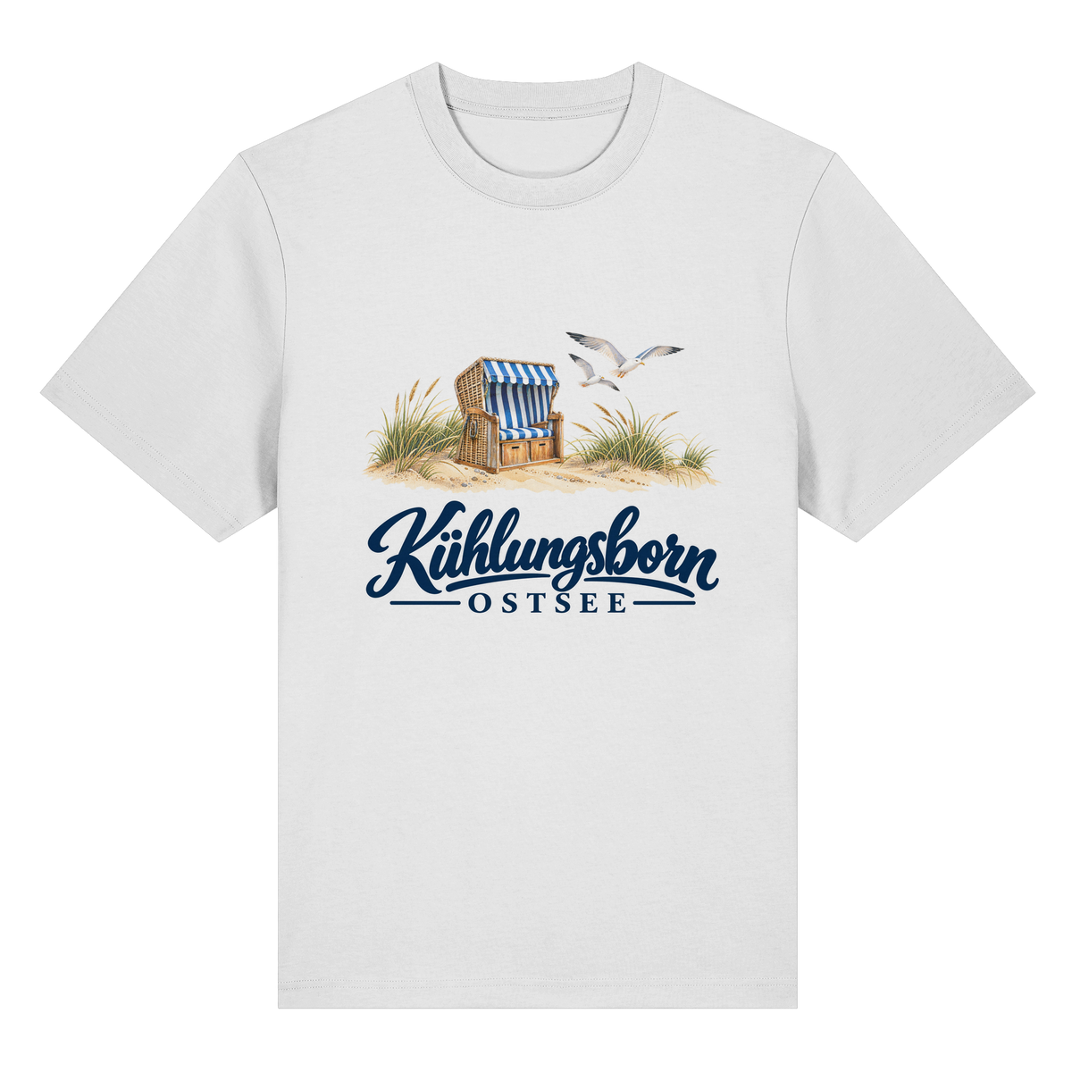 Bio-Heavy-T-Shirt Kühlungsborn – Strandkorb & Ostsee in White, Shirtigo-Originalmockup der Vorderseite mit Strandkorbmotiv.
