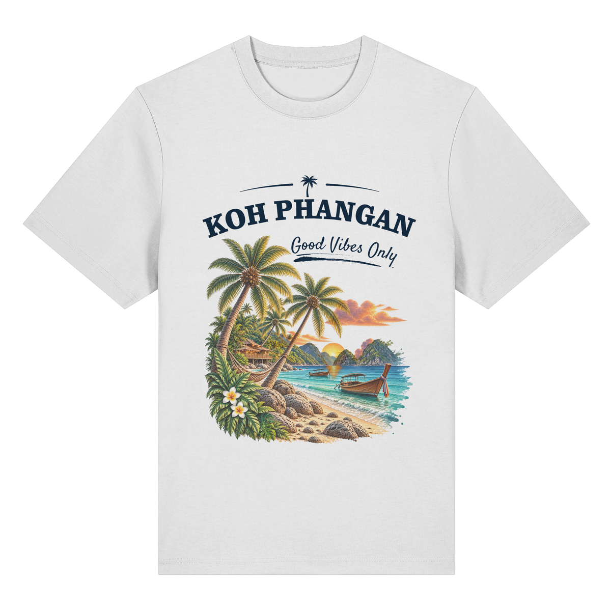 Koh Phangan Good Vibes Only – Bio Heavy T-Shirt – Original-Mockup organic heavy shirt white mit Frontprint