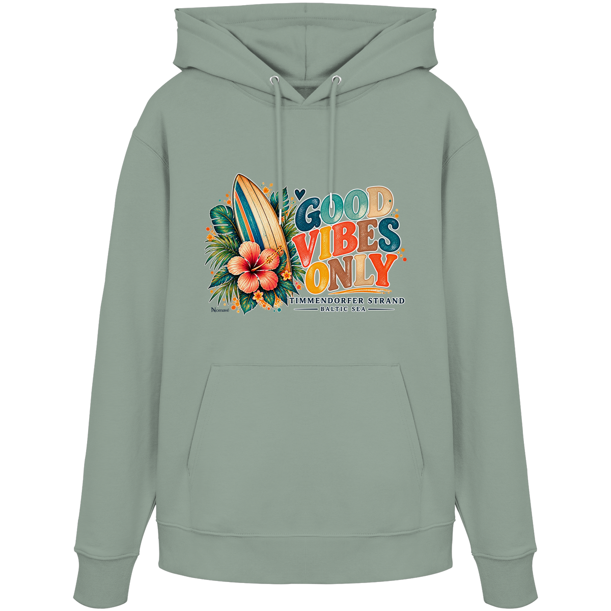 Timmendorfer Strand – Surf Vibes – Unisex Bio-Hoodie mit Frontprint in Aloe – Katalog-Vorderansicht mit Surfboard, Hibiskus und Good-Vibes-Only-Frontprint.