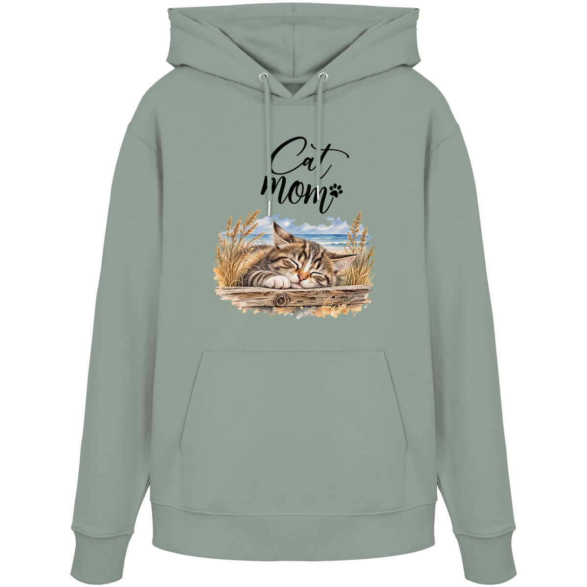 Unisex Bio-Hoodie in Aloe mit Cat-Mom-Katzenmotiv als Frontprint – Vorderansicht im Original-Mockup.