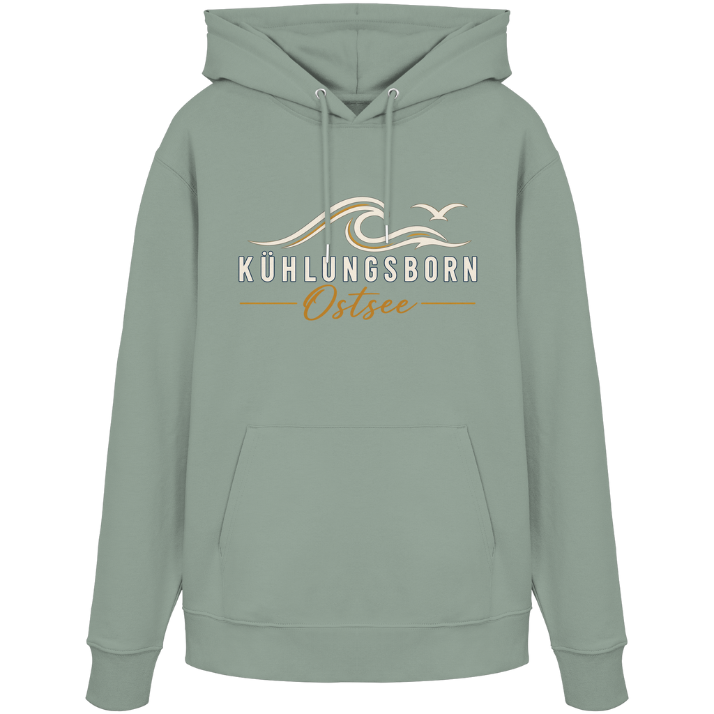 Shirtigo-Originalmockup: Bio-Hoodie Kühlungsborn Baltic Waves, Dark Edition, Aloe, Vorderansicht mit Motiv.