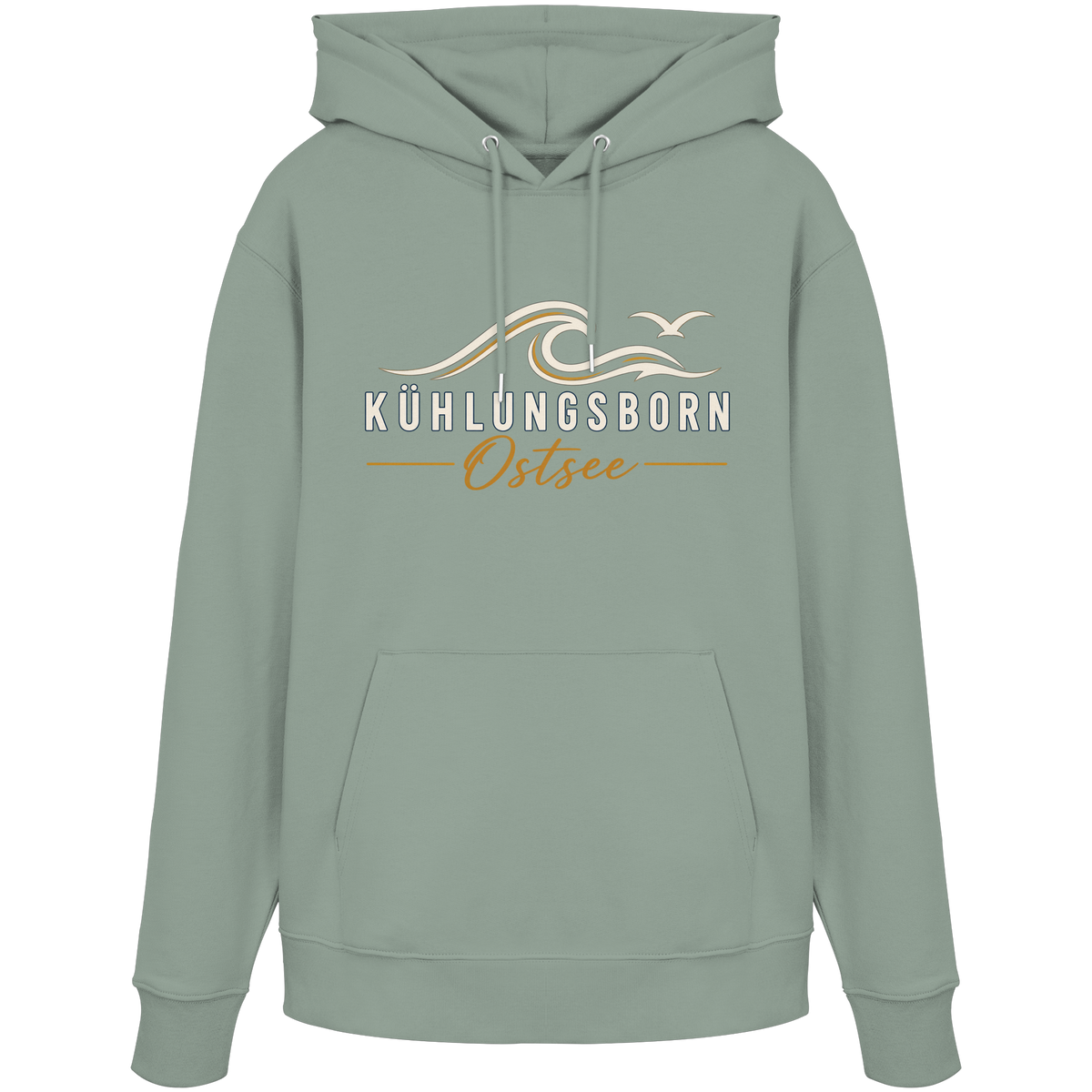 Shirtigo-Originalmockup: Bio-Hoodie Kühlungsborn Baltic Waves, Dark Edition, Aloe, Vorderansicht mit Motiv.