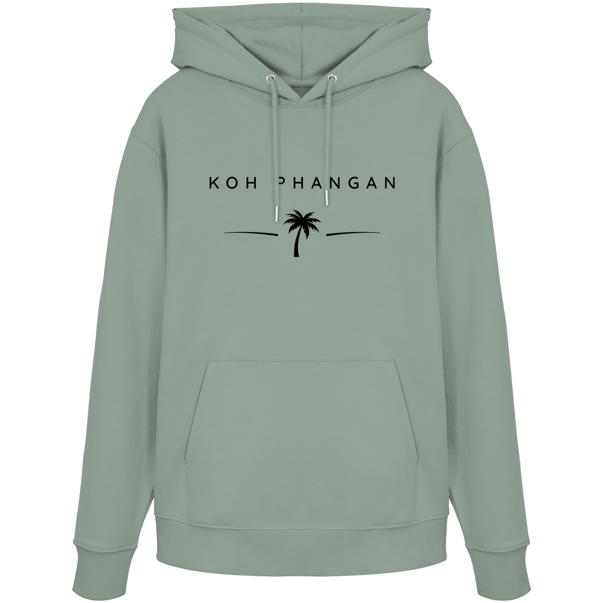 Frontansicht des Bio Hoodie in Aloe mit Koh Phangan Minimal Palm Frontprint
