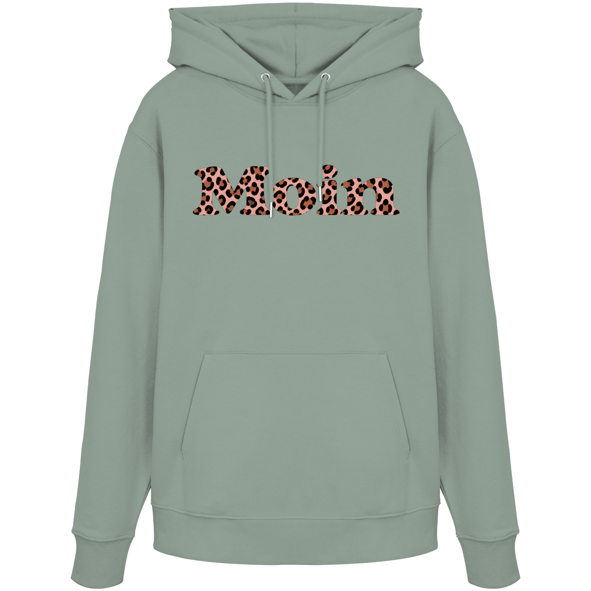 Bio-Unisex-Hoodie in Aloe von vorne mit Moin-Leo-Blush-Pink-Motiv.